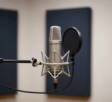 Dynamic photo of a music recording booth with a high-end microphone, dark navy and off-white aesthetic, professional Brazilian studio.