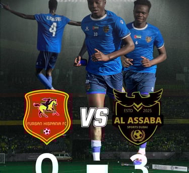 DOFA League football match scoreboard showing Al Assaba Sports Dubai defeating Fursan Hispania FC 3-0.