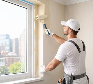 a man in a white shirt and a white hat is painting near a window frame