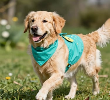 Un cachorro Golden Retriever con pañuelo color turquesa a juego pasea en el cesped