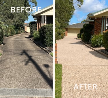 Before and after professional pressure cleaning of a residential pebblecrete concrete driveway.