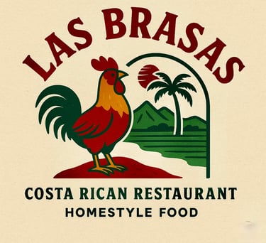 Las Brasas Costa Rican Homestyle Food Logo with rooster and palm tree