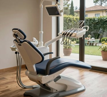 Detail shot of a modern dental chair in a room with large windows, light brown wooden floors, and a view of an Italian garden, very peaceful mood.