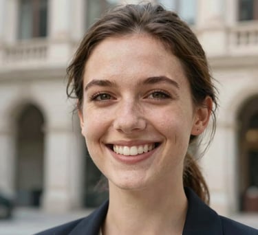 The bright smile of a satisfied patient, looking healthy and natural. Background is a softly blurred modern Italian architectural detail.