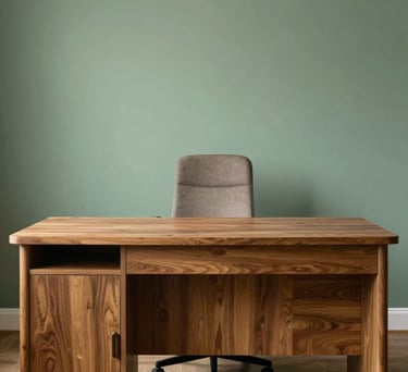 Consultation room featuring a warm wood desk, a comfortable chair, and a minimalist sage green wall. Professional and welcoming Italian setting.