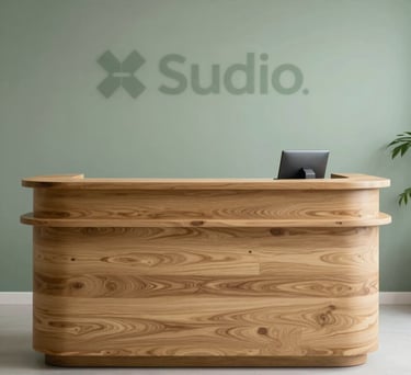 Reception desk of a dental clinic made of natural light oak wood, behind it a wall in sage green with the studio's subtle branding.