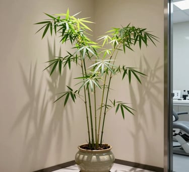 A close up of a bamboo plant in a ceramic pot inside a minimalist dental office, soft beige walls, clean shadows.