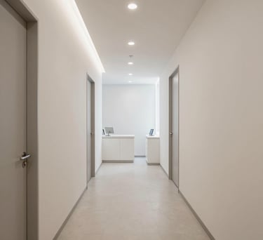 Perspective shot of an Italian dental studio hallway, minimalist architecture, clean lines, white and sand color palette.