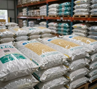 Inside a clean, organized distribution warehouse in Indonesia, showing bags of fertilizer and rice ready for delivery, photography.