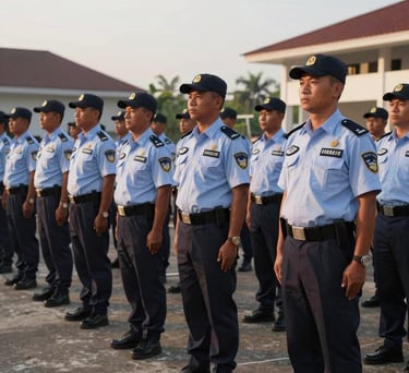 Professional security personnel in crisp uniforms standing in formation at a training facility in Indonesia, dawn lighting, photography.