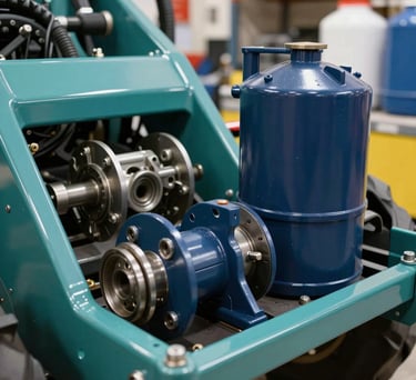 Close-up of agricultural machinery parts and fertilizer equipment in a well-lit showroom, metallic teal and navy blue colors, photography.
