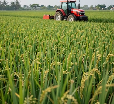 A vibrant green rice paddy field in Indonesia with a modern red tractor in the distance, bright daylight, photography.