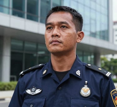 A close-up of a Southeast Asian / Indonesian security guard in a professional navy blue uniform standing in front of a modern glass building, looking alert and supportive.