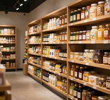 A modern and clean community grocery store in Indonesia with wooden shelves stocked with essentials, warm gold lighting, photography.