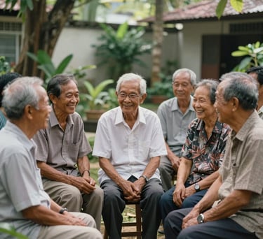 A group of Southeast Asian seniors in respectful casual attire sitting together in a sunlit community garden, smiling and talking, photography.