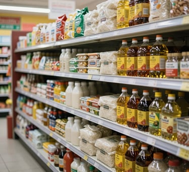 A well-stocked membership-based grocery store in a Southeast Asian / Indonesian neighborhood, showing shelves of rice, oil, and essentials with clean organization.