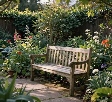 A peaceful backyard garden with a wooden bench and a small stone path, surrounded by lush greenery and flowers. The lighting is soft afternoon sun, reflecting a sense of strength and sanctuary.