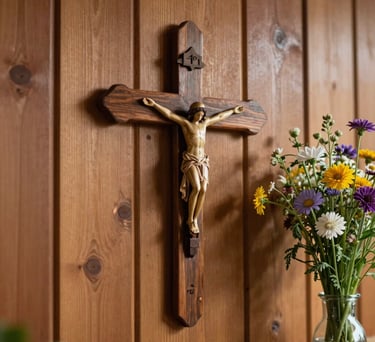 A close-up of a decorative cross on a wooden wall next to a vase of fresh wildflowers, capturing the faith-centered atmosphere of the ministry home.