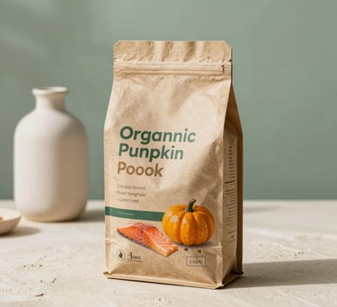 Bolsa de alimento orgánico para perros de calabaza y salmón sobre una encimera de piedra.