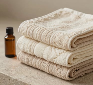 Photography of a stack of hand-woven organic cotton towels in shades of cream and light beige, sitting next to a glass bottle of essential oil on a stone surface, soft focus, serene lighting.