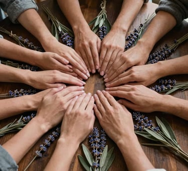 Photography of a group of women's hands joined together in a circle over a wooden table covered in lavender and sage leaves, soft diffused light, warm earthy color palette.