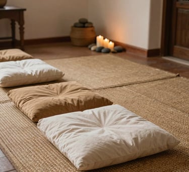 Photography of an indoor meditation space with woven floor mats, soft cotton cushions in cream and tan, and a small altar with candles and river stones, Latin American / Spanish interior design.
