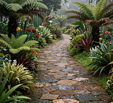 Photography of an outdoor stone path winding through a lush garden with native ferns and flowering plants, misty morning light, Latin American / Spanish landscape, deep green and earthy brown colors.