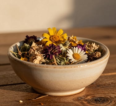 Close-up photography of a handmade ceramic bowl filled with dried flowers and herbs on a rustic wooden table, soft golden hour light, Latin American / Spanish decor style, warm beige and muted tan tones.