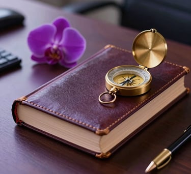 A close-up of a professional desk in a South American office, featuring an old leather-bound book, a golden compass, and a single purple orchid. Soft, atmospheric lighting with deep purple and golden highlights.