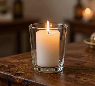 A detailed shot of a lit white candle in an ornate glass holder, casting a warm golden glow on an aged wooden table in a Brazilian spiritual center. Professional photography, shallow depth of field.
