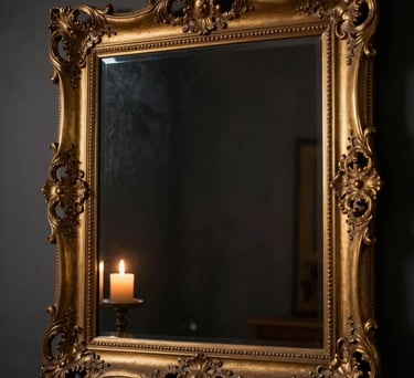A photo of an ornate gold-framed mirror reflecting a lit candle in a dark room. Brazilian decor style, moody and discreet lighting.