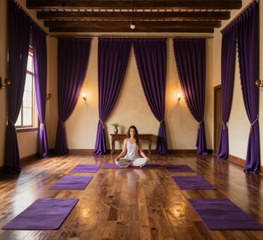 A wide shot of a peaceful meditation room in a Brazilian colonial house, featuring dark purple drapes and golden accents on the walls. Warm, supportive lighting.