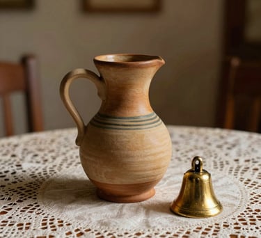 Photography of a traditional Brazilian ceramic pitcher next to a small golden bell on a lace tablecloth. South American / Brazilian home style, soft golden lighting.