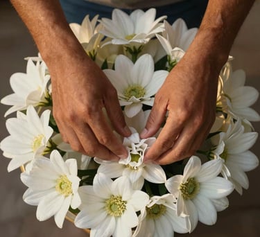 A top-down photograph of a hands of a Brazilian person carefully arranging white flowers on an altar. The lighting is golden and focused, reflecting a mood of hope.