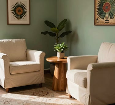 A detailed photography of a warm, sunlit consulting room in Brazil, featuring comfortable soft cream chairs, a wooden table with a small plant, and sage green accents on the walls, South American decor style.