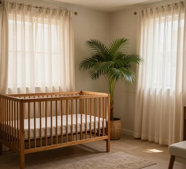 A serene South American Brazilian nursery or consultation room in Salvador with soft curtains, wooden furniture, and a large plant. The lighting is golden and soft, emphasizing a professional yet welcoming atmosphere.