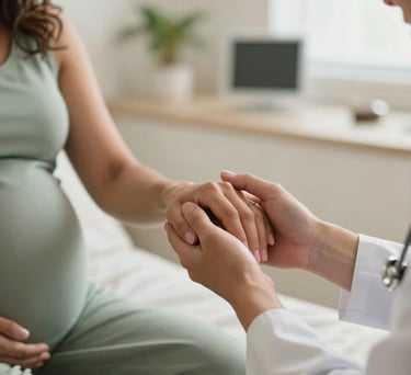 A close-up of a professional woman's hands holding a South American Brazilian expectant mother's hand in a comforting, professional manner. Warm natural light fills the clinical but cozy space, featuring sage green and off-white tones.