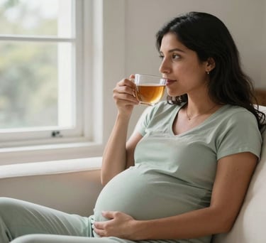 A serene photo of a pregnant South American woman sitting on a white couch, drinking a tea and looking out of a window with soft light, wearing a light sage green lounge set.