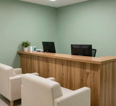 A photography of an organized and clean medical reception area in a Brazilian clinic, featuring a wooden counter, sage green walls, and comfortable off-white seating.