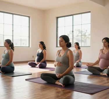 A photography of a group of South American women participating in a prenatal yoga class in a bright studio with large windows and cream colored walls, soft morning sun.