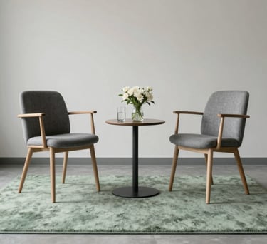 A photography of a clean, minimalist consultation area with two chairs facing each other, a soft sage green rug, and a small table with water and flowers.
