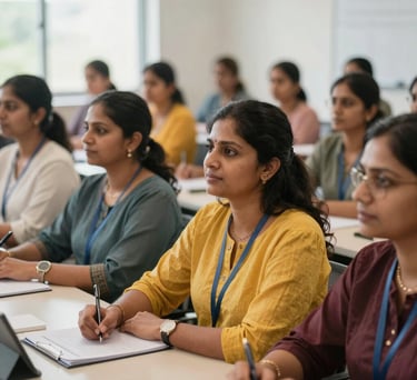 A scene of South Asian / Indian women participating in a financial literacy workshop, looking focused and empowered, in a bright, modern hall.