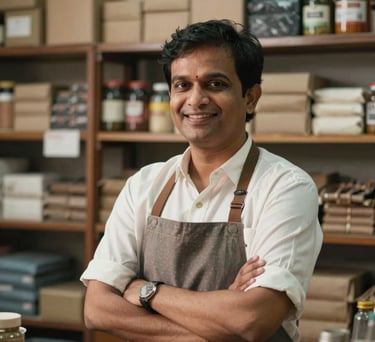 A successful South Asian / Indian small business owner in their shop, smiling, with warm natural lighting highlighting a sense of achievement.
