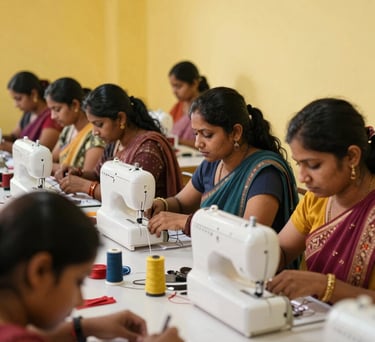 A group of South Asian / Indian women participating in a sewing and design workshop, bright light yellow walls, focus on empowerment and skill building.