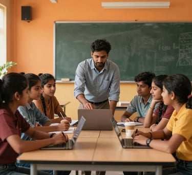 A photograph showing a modern classroom where a teacher is demonstrating something on a laptop to a group of eager South Asian / Indian students, with warm orange lighting.