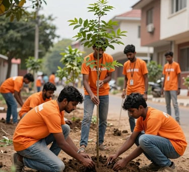 Youth volunteers planting trees in a clean urban South Asian / Indian neighborhood, emphasizing community development and bright orange branding.