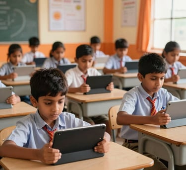 Photography of a vibrant South Asian / Indian school classroom with children using modern tablets, warm orange accents in the room, symbolizing education support.