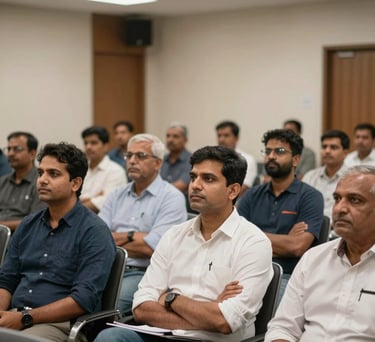 A financial awareness seminar in a modern hall with South Asian / Indian attendees listening intently, professional and inspiring atmosphere.