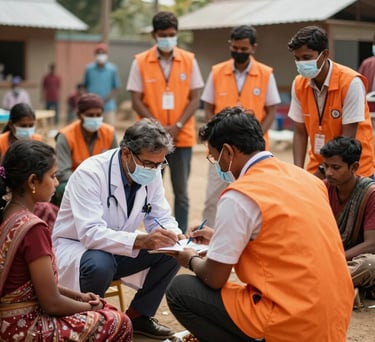 A community health camp in a rural South Asian / Indian setting, with doctors and volunteers in bright orange vests assisting families.