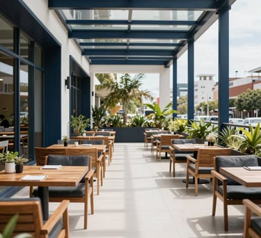 Spacious and bright outdoor terrace of a South American business center with modern wooden furniture and green plants, crisp white flooring, dark navy blue accents, urban view, daytime lighting.
